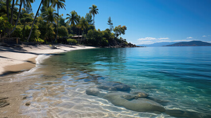 A tranquil coastline with soft sand and calm, clear waters, framed by tall, lush palm trees.