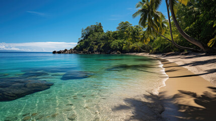 A tranquil coastline with soft sand and calm, clear waters, framed by tall, lush palm trees.