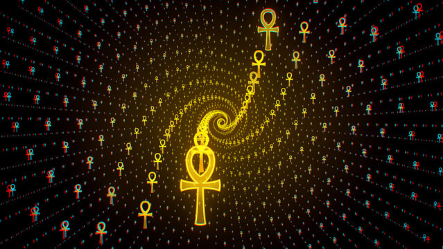 Abstract Religious Golden Shiny Geometric Spiral Cross Ankh Key Of Life Ancient Egypt Symbol Particles Lined Pattern Background