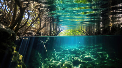 A coastal mangrove forest submerged in clear, blue-green water, its roots creating a labyrinth of arches and tunnels.