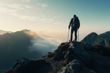 Fototapeta premium Hiker with a backpack on top of a mountain with dramatic cloudscape during sunrise. Travel, active lifestyle and winning reaching life goal