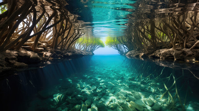 A coastal mangrove forest submerged in clear, blue-green water, its roots creating a labyrinth of arches and tunnels.