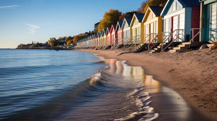 A picturesque coastal view with a row of beach huts, their colorful facades reflecting on the calm sea.