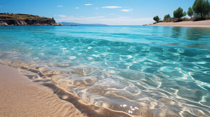 Obraz premium A tranquil sandy beach, its surface untouched, leading to a calm azure sea under a clear blue sky.
