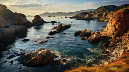 Fototapeta na wymiar A breathtaking coastal view with a rocky arch, the setting sun casting long shadows on the calm sea.