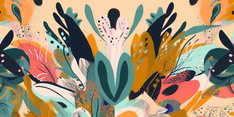 Naklejka premium Hand drawn trendy mixed ethnic style print. Dynamic bright abstract botanical illustration. Fashionable template for design, Generative AI