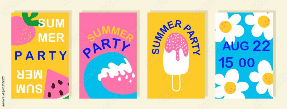 Wall mural summer party doodle posters set. cute simple fruits, sea wave, ice cream, flowers and text. abstract