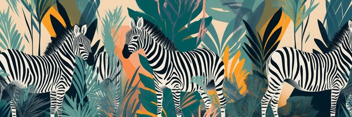 Fototapeta na wymiar Hand drawn abstract jungle collage pattern with zebras. Artistic vintage style print. Fashionable template for design, Generative AI