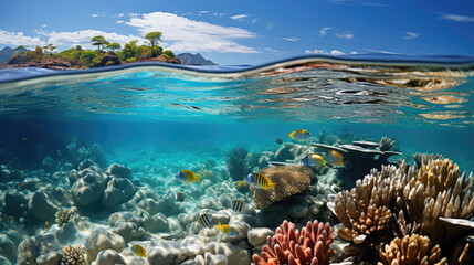 A pristine barrier reef, its top just breaking the surface of the crystal-clear sea under a bright sun.