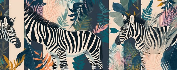 Fototapeta na wymiar Hand drawn abstract jungle collage pattern with zebras. Artistic vintage style print. Fashionable template for design, Generative AI