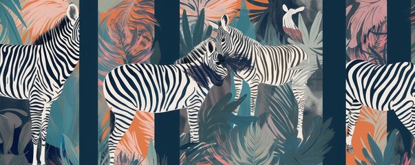 Hand drawn abstract jungle collage pattern with zebras. Artistic vintage style print. Fashionable template for design, Generative AI