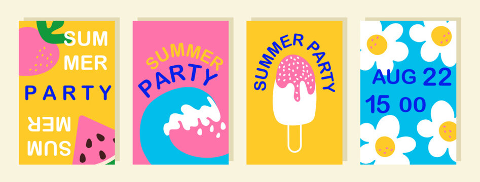Summer party doodle posters set. Cute simple fruits, sea wave, ice cream, flowers and text. Abstract childish vertical banners, flyers. Vector illustration, elements are isolated