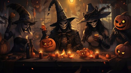 Witches celebrating Halloween with friends at a party