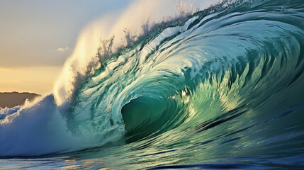 A perfectly formed wave barrel, with light reflecting through the tube, illuminating the aqua-green sea.