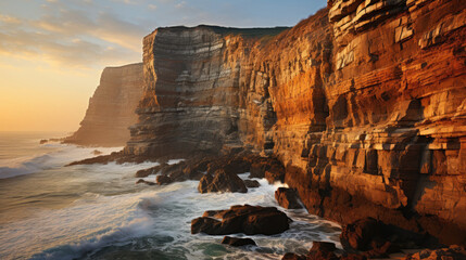 A breathtaking sight of a coastal cliff face, bathed in the golden light of the setting sun.