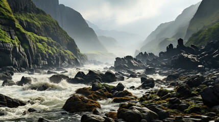 A craggy coast battered by a mighty wave, the rocky shore veiled by the resulting mist and spray.
