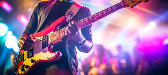 Obraz na płótnie Canvas Electric bass player at concert background. Generative AI technology.