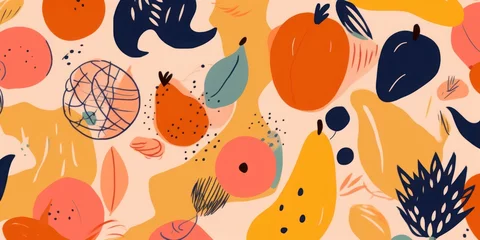 Foto op Plexiglas Hand drawn abstract artistic cute fruit pattern. Collage playful contemporary print. Fashionable template for design, Generative AI © Dhriti