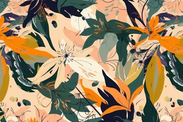 Modern exotic jungle plants illustration pattern. Creative collage contemporary floral seamless pattern. Fashionable template for design, Generative AI