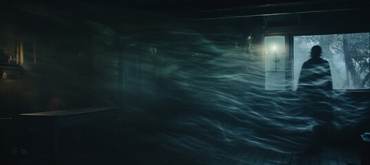 Blurred ghost shadow on haunted melancholic dark room background. Generative AI technology.	