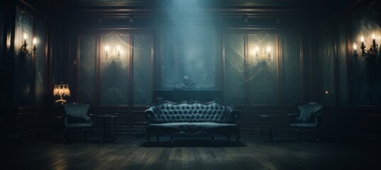 Horror haunted classic room on dark melancholic night background. Generative AI technology.	