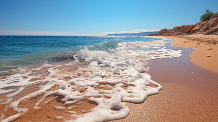 Fototapeta na wymiar A vast desert beach under the blistering sun, the air shimmering with heat above the hot sand.