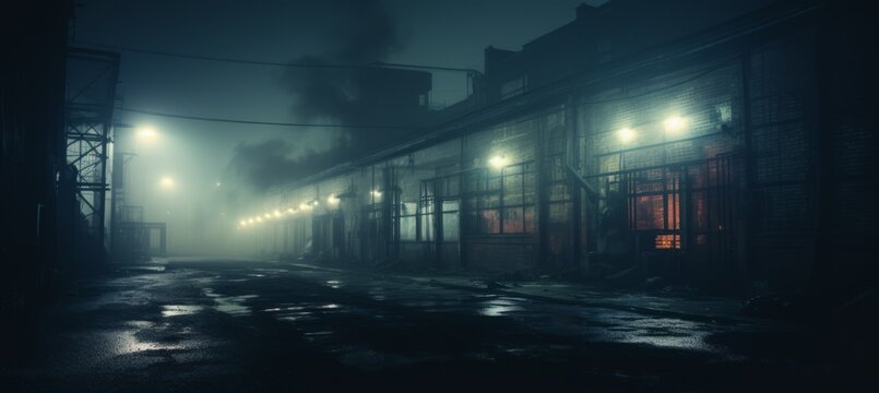Industry area logistic building on melancholic dark night background. Generative AI technology.