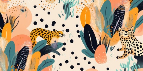 Hand drawn dots abstract artistic print with leopards. Creative collage contemporary seamless pattern. Fashionable template for design, Generative AI
