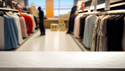 Naklejka premium free space for your decoration, white table with clothes Supermarket on the background out focus, wallpaper.png, Ai Generate 