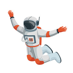 Fototapeta na wymiar Astronaut in zero gravity vector illustration. Cartoon isolated astronaut character in helmet, jetpack and suit for cosmic flight floating with arms open in weightlessness, spaceman flying and jumping