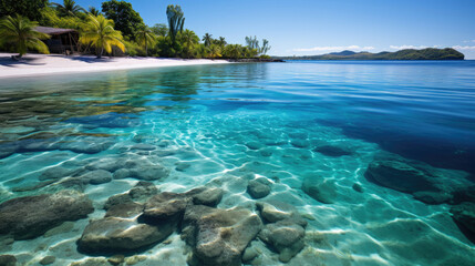 A tropical island surrounded by a ring of white sand, with the tranquil blue lagoon at its heart.