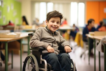 Boy in a wheelchair sits in school classroom, generative ai - obrazy, fototapety, plakaty
