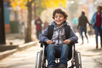 Fototapeta Casual white boy in a wheelchair rides on street. Schoolboy, generative ai obraz