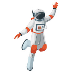 Dance of astronaut flying in zero gravity vector illustration. Cartoon isolated pose of spaceman character dancing with hand up, dancer cosmonaut on cosmic music party, astronaut in weightlessness