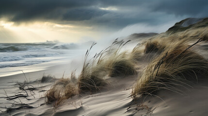 A windswept dune under a stormy sky, the sand whipped up into the air, creating a ghostly mist.