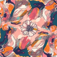 Hand drawn floral abstract silk scarf design. Trendy doodle cartoon style illustration. Fashionable  template for design, Generative AI