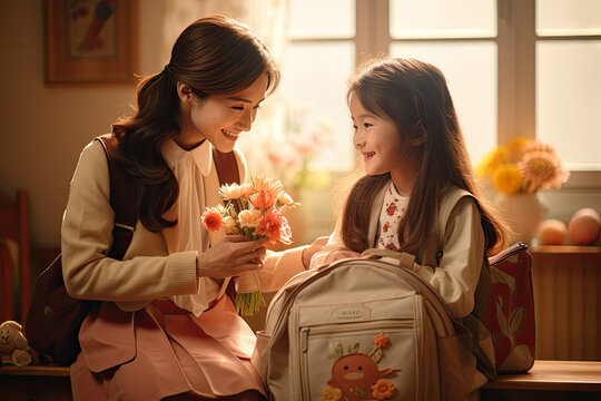 Asian mother preparing school bag of her daughter ready to school in morning. Happy mom helping her little girl get ready for school with love.