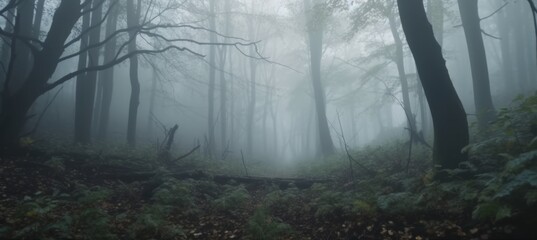 Woods forest horror melancholic background. Generative AI technology.