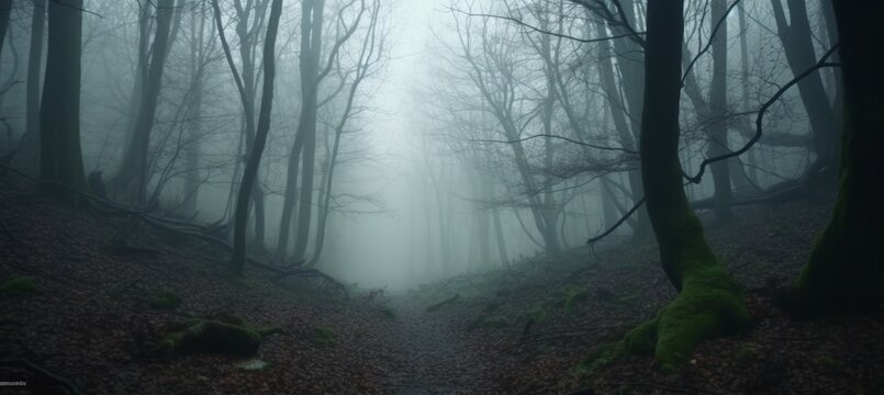 Foggy forest horror melancholic background. Generative AI technology.