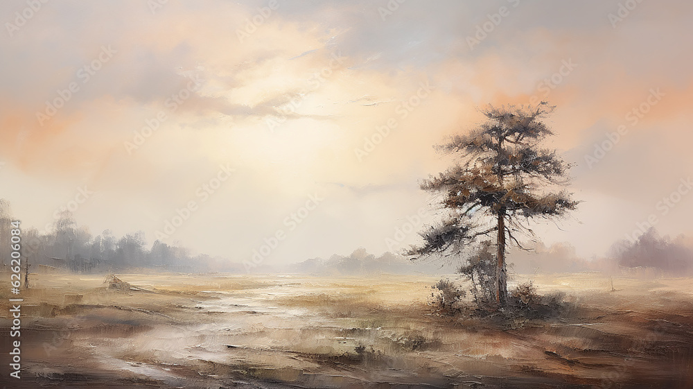 Wall mural vintage oil painting sunset lonely tree nature landscape. generative ai