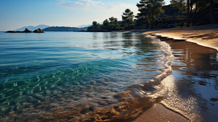 A serene coastal scene with a pristine beach, the calm sea reflecting the beautiful colors of the dusk.