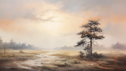 Fototapeta na wymiar vintage oil painting sunset lonely tree nature landscape. Generative AI