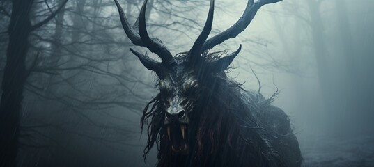 Deer head evil creepy creature at haunted foggy forest background. Generative AI technology. - obrazy, fototapety, plakaty