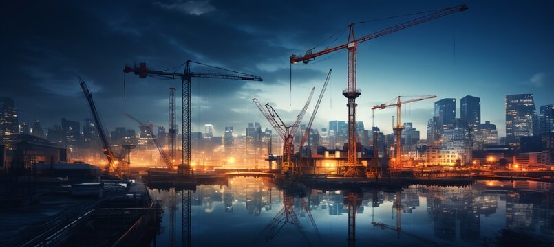 City building under construction sites and tower cranes. Generative AI technology.
