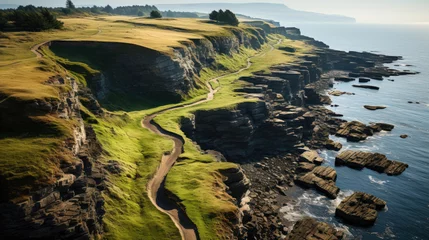 Foto op Canvas An aerial view of a winding coastal path, etched into the grassy cliff side, leading to the endless ocean. © GraphicsRF