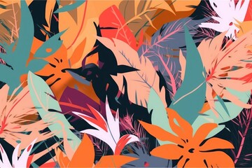 Colorful exotic jungle plants illustration pattern. Creative collage contemporary floral seamless pattern. Fashionable template for design, Generative AI