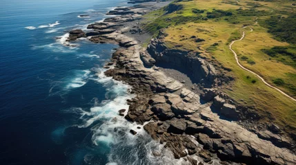 Foto op Canvas An aerial view of a winding coastal path, etched into the grassy cliff side, leading to the endless ocean. © GraphicsRF
