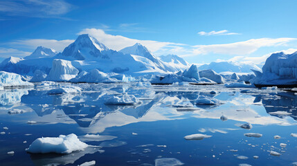 The frigid beauty of an Antarctic coast, icebergs looming over the freezing, crystal-blue ocean under the twilight sky.