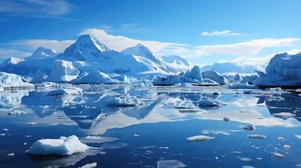 Photo sur Plexiglas Enfants The frigid beauty of an Antarctic coast, icebergs looming over the freezing, crystal-blue ocean under the twilight sky.