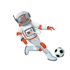 Astronaut playing soccer vector illustration. Cartoon isolated spaceman in spacesuit and helmet running to kick ball with foot, astronaut athlete flying, jumping to play sport game at space match